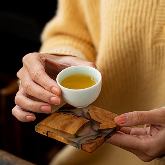 Tea Coaster Japanese Style Good Heat Insulation Natural Wooden Resin Cup