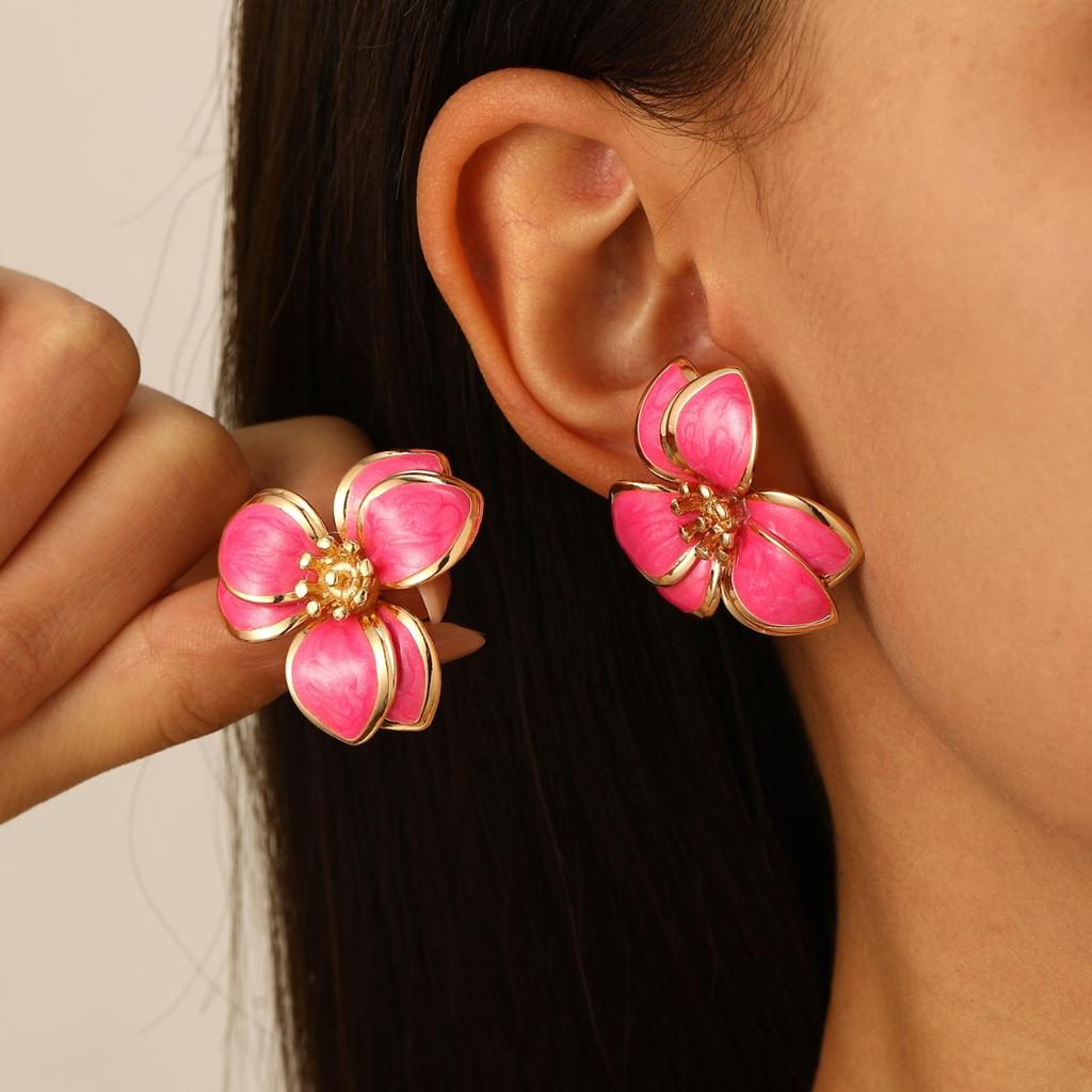 Layered Pink Enamel Flower Stud Earrings Gold Tone Trim Floral Earrings for Women