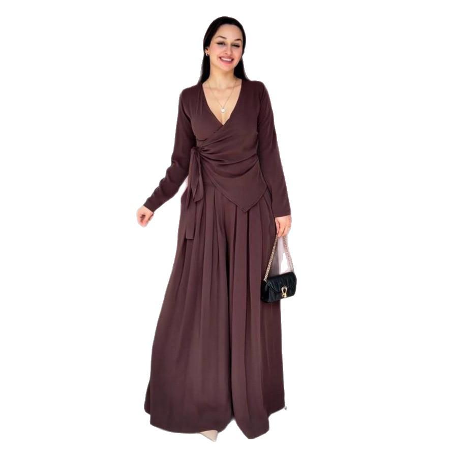 2025 Fall Women's Solid V-Neck Long-Sleeve Ruched Top & Wide-Leg Pants Set