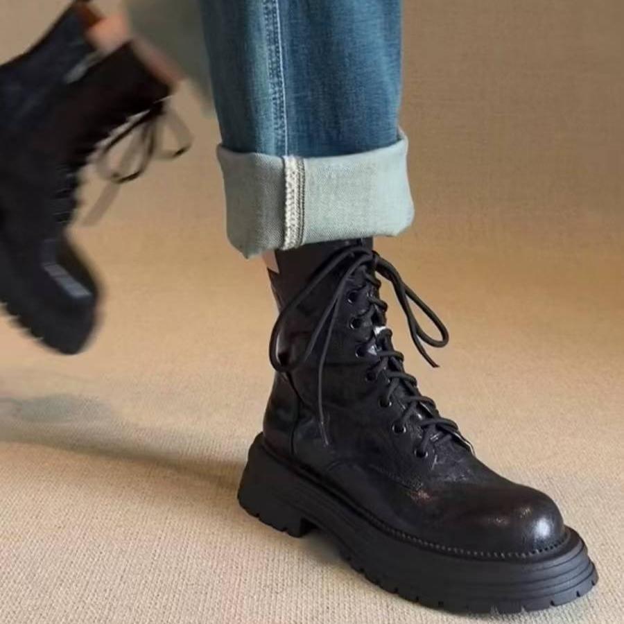 Nye Midtkalvstøvler Damer Høst Vinter Mote Snøring Damer Chelsea Glidelås Botas Mujer Støvler Sport Plattformhæl Damesko