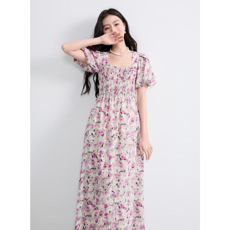 Sancai French Square Neck Floral A-Line Maxi Dress M