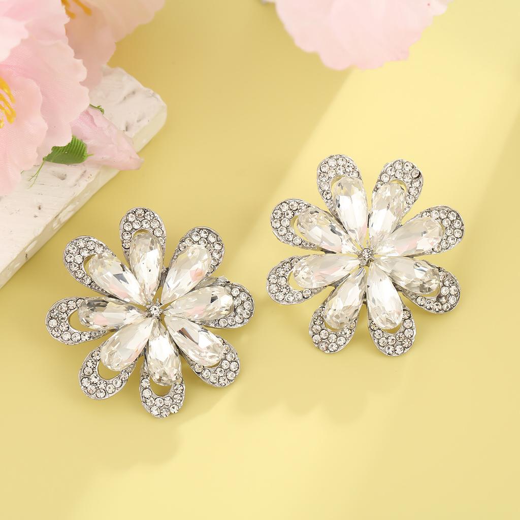 Luxury Sparkling Rhinestone Flower Earrings For Women Exaggerated Fashion Wedding Party Bride Jewelry