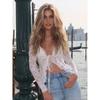 Shemoda Fashion Ins Sexy Semi-Transparent Lace V-neck Cardigan Tether All-Matching Outer Wear Long Sleeves T-shirt Short Top for Women