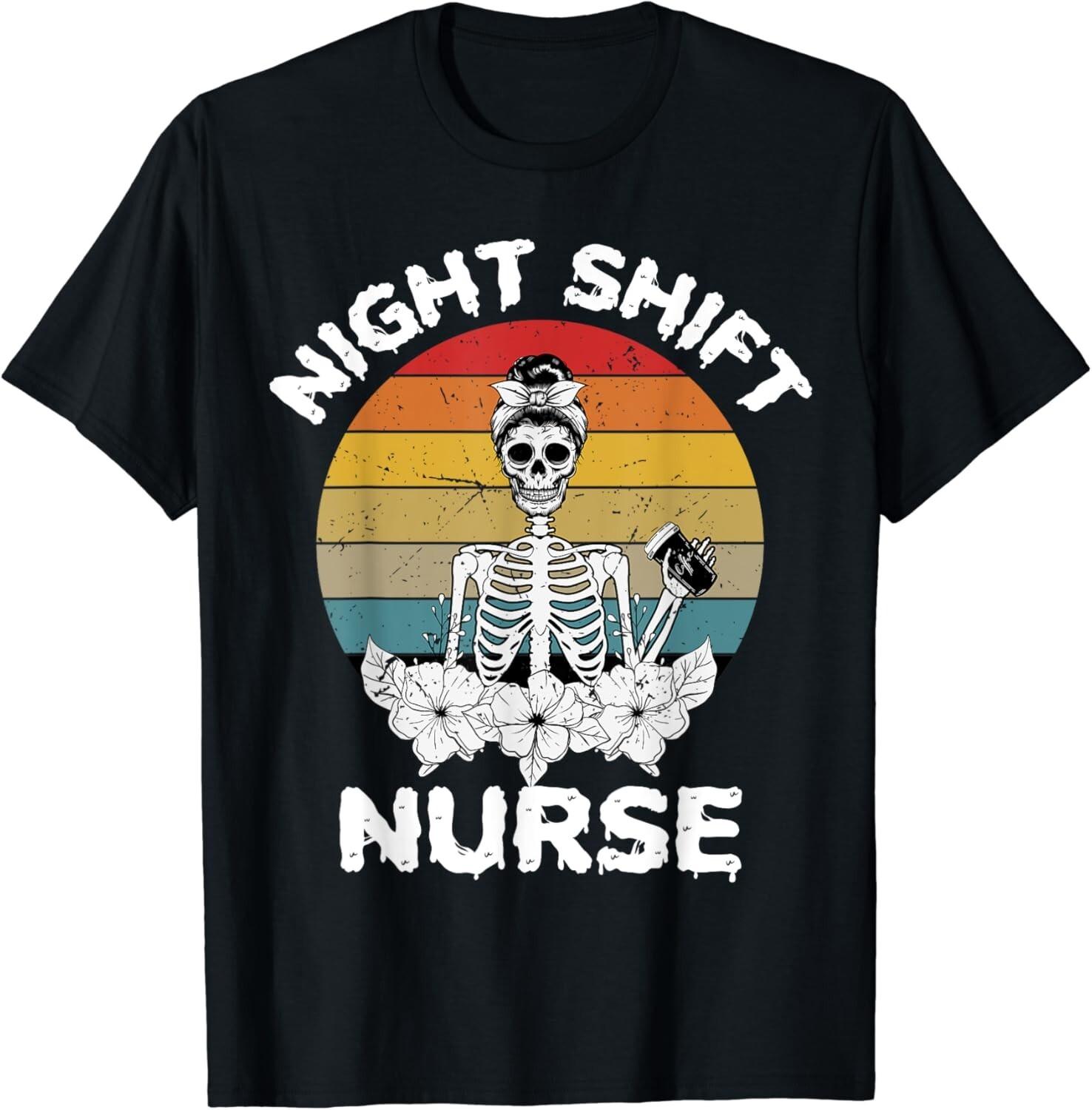 Funny Night Shift Nurse Skeleton Halloween RN Nurses Women Gift Unisex T-Shirt S разноцветный