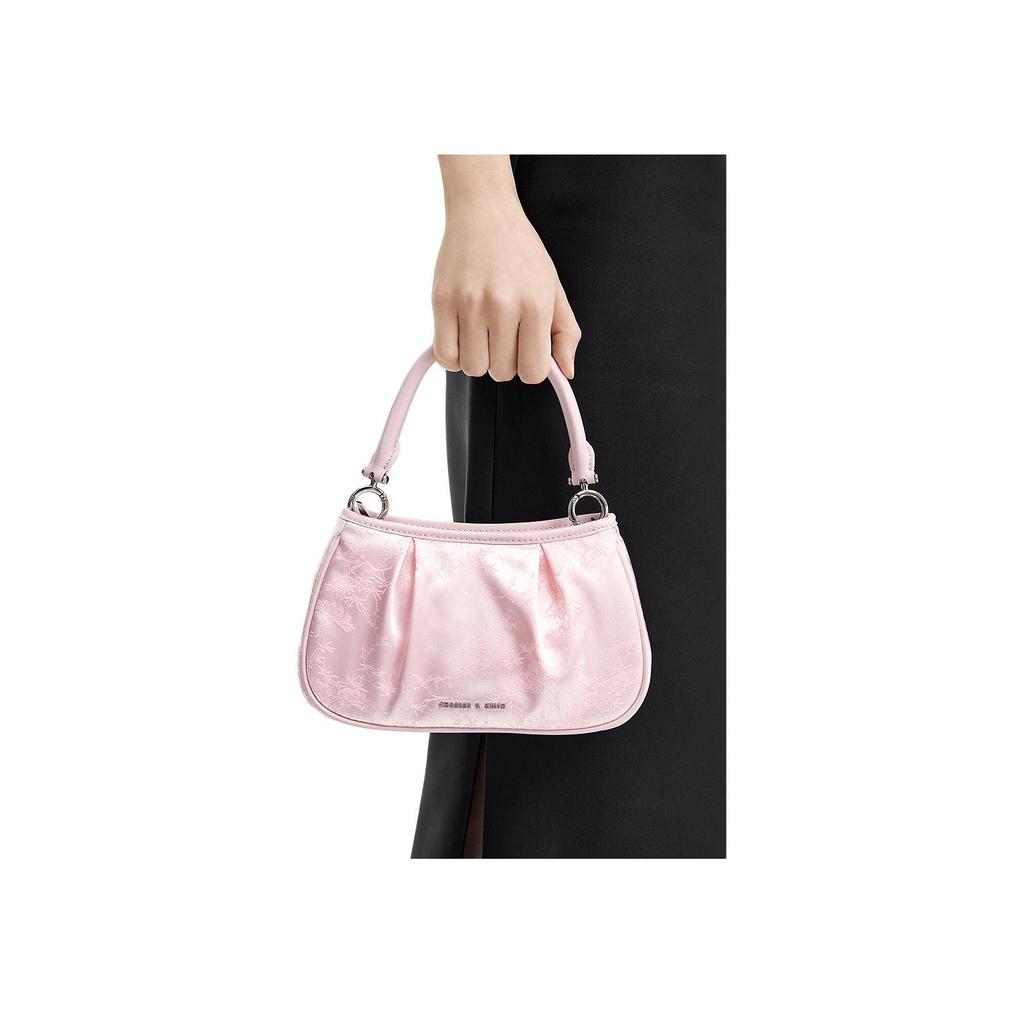 New CHARLES&KEITH Satin Fabric Zip Closure Handbag, Shoulder Bag, Crossbody Bag Trumpets Women's Black/Pink CK2-20160162-A