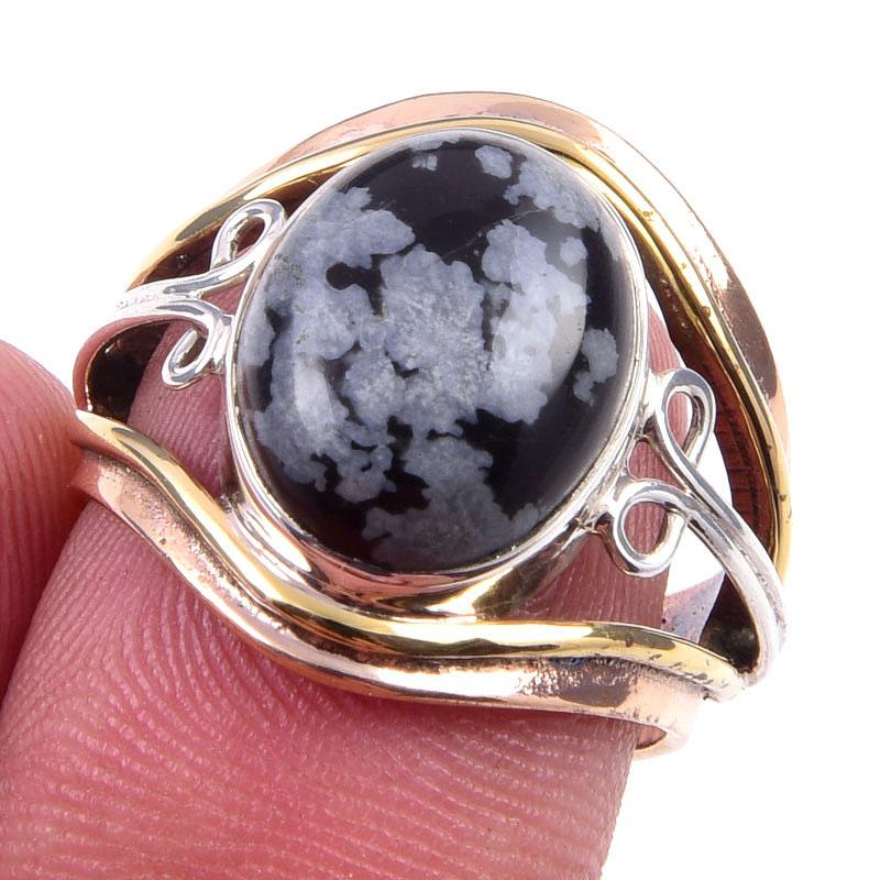 

Двухцветное кольцо из стерлингового серебра 925 пробы с натуральным обсидианом и снежинкой S.7 u5Q50