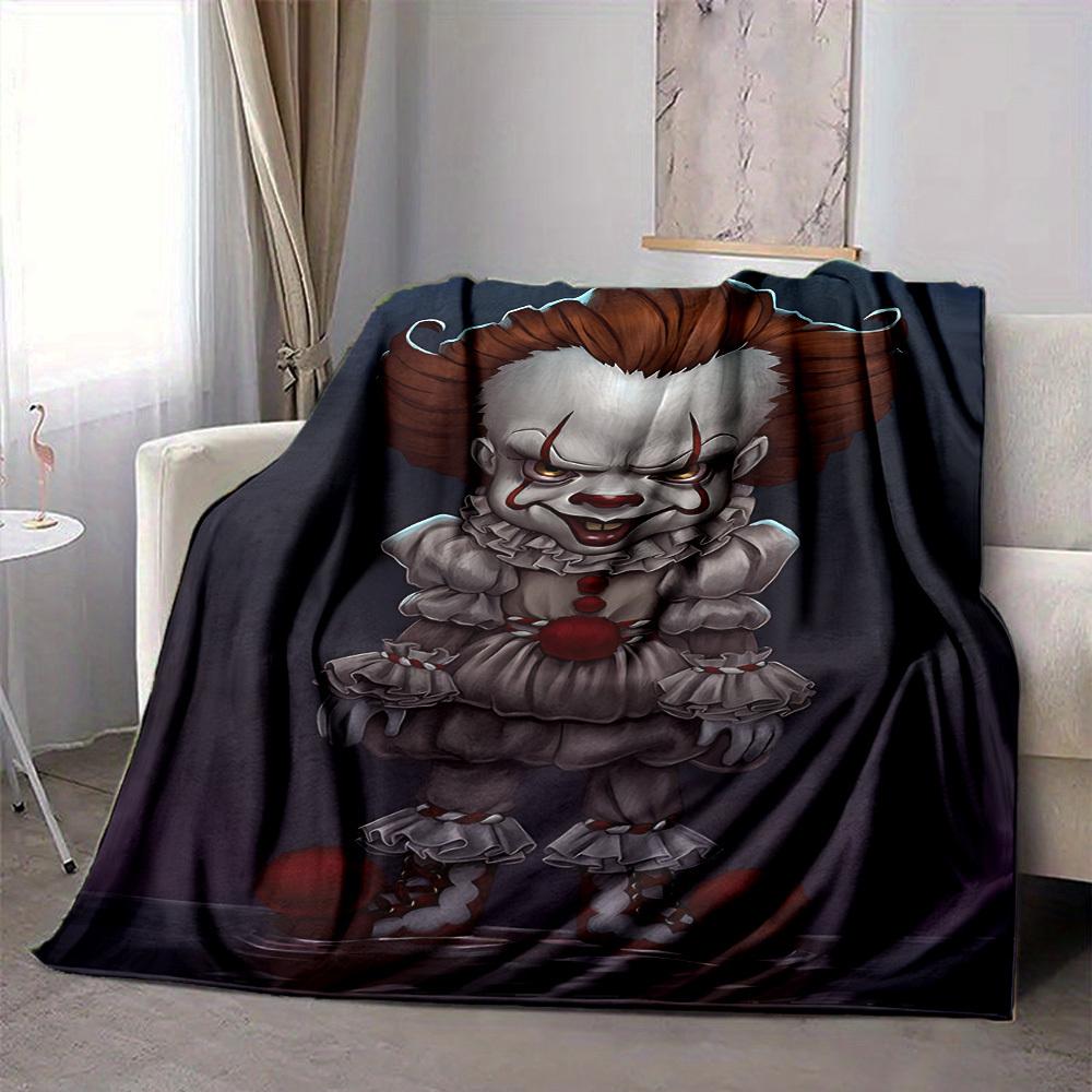 1pc It "Clown" Flannel Throw Blanket - HD Printed Lightweight Soft Warm All-Season Blanket for Sofa, Bed, Travel, Camping 017