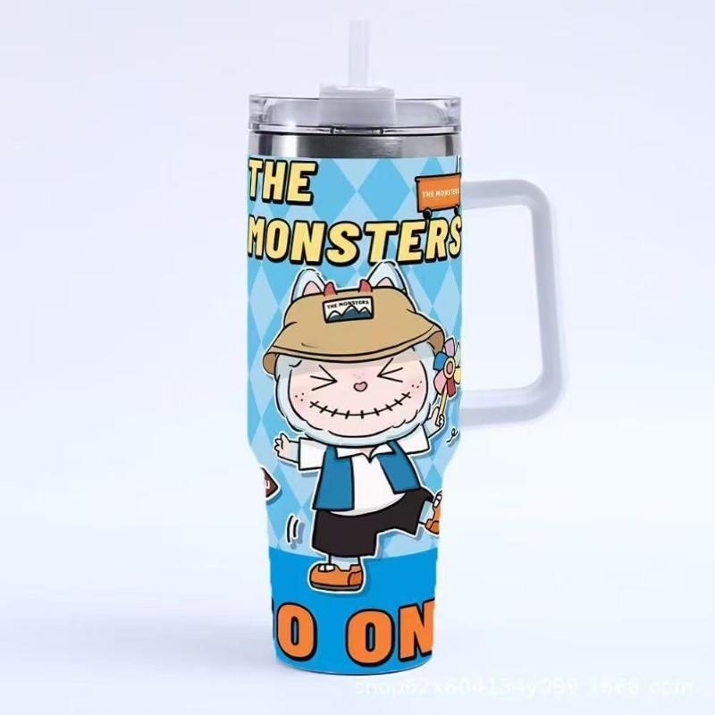 Cartoon pattern Labubu 40oz car cup 304 stainless steel thermos cup Labubu car straw Bingba cup