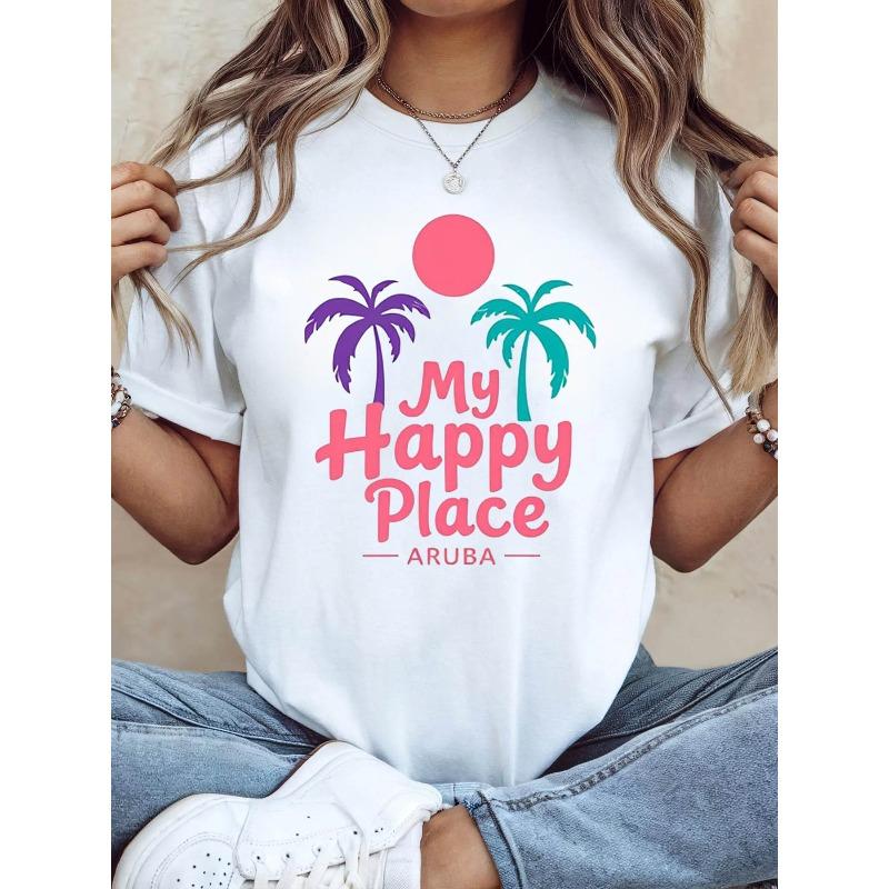 

Женская футболка Aruba My Happy Place - Розово-фиолетовый топ со слоганом Пальма , Повседневная короткорукавная рубашка для отпуска с тематикой Арубы, S белый