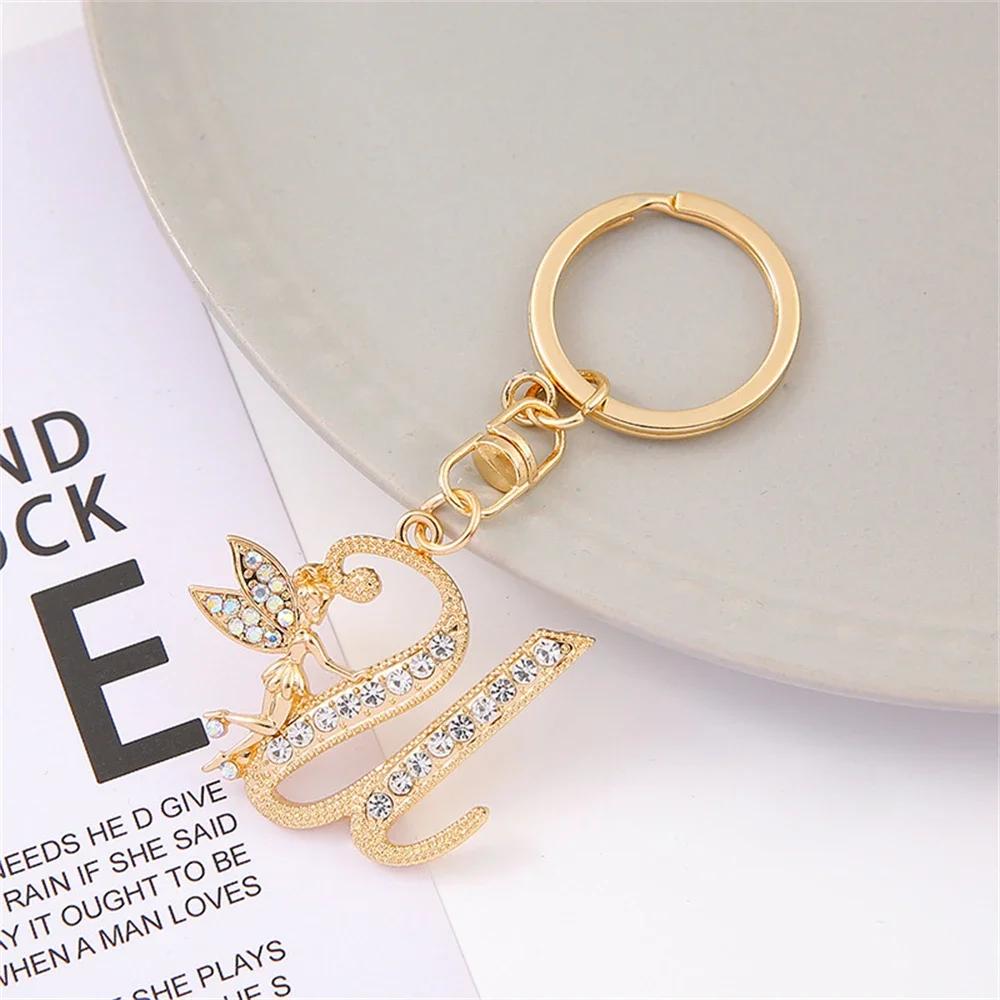 A-Z Rhinestone Elf Girl Letter Keychain Gold Color Initial Name Keyrings Girls Car Key Holder Handbag Purse Charms Decoration