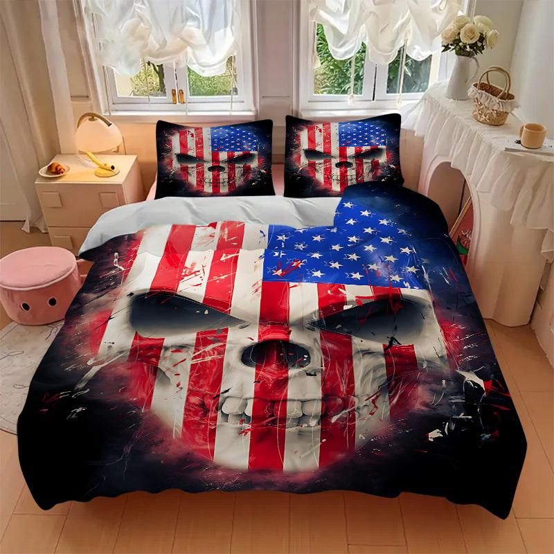 3pcs bedding set Patriotic Skull Includes 1 Comforter + 2 Pillowcases, Without Pillow Inserts, Soft Comfortable, Lightweight Breathable, Pri