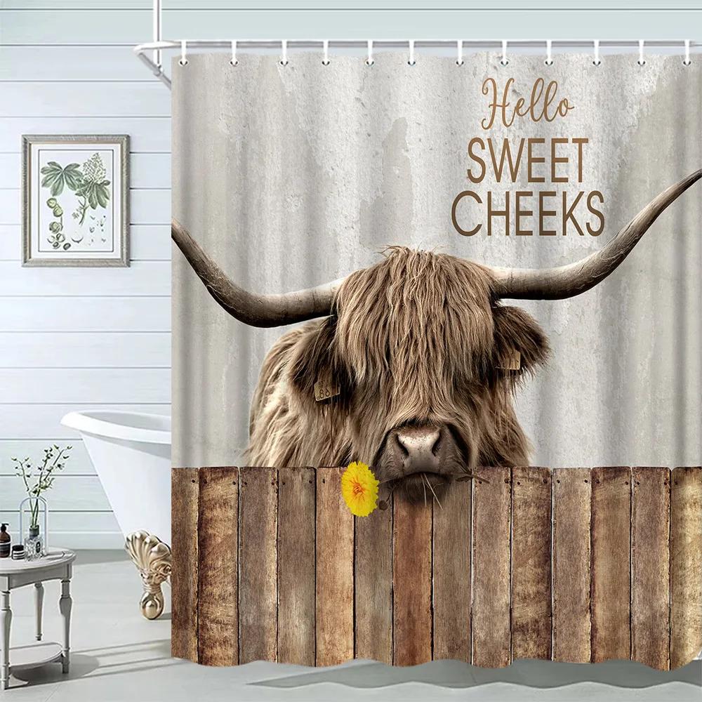 Funny Highland Bull Shower Curtains Set Western Bull Portrait Brown Wood Panel Rustic Landscape Barn Bath Curtain Bathroom Decor