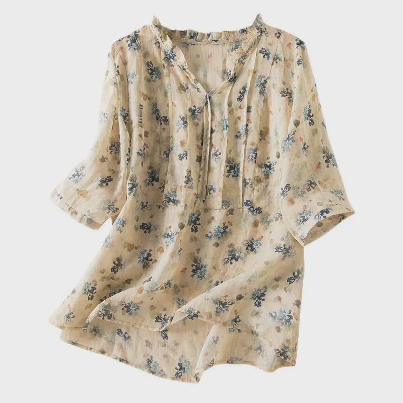Sommerliches Ramie-Leinenhemd mit Blumenmuster und Ohrkragen