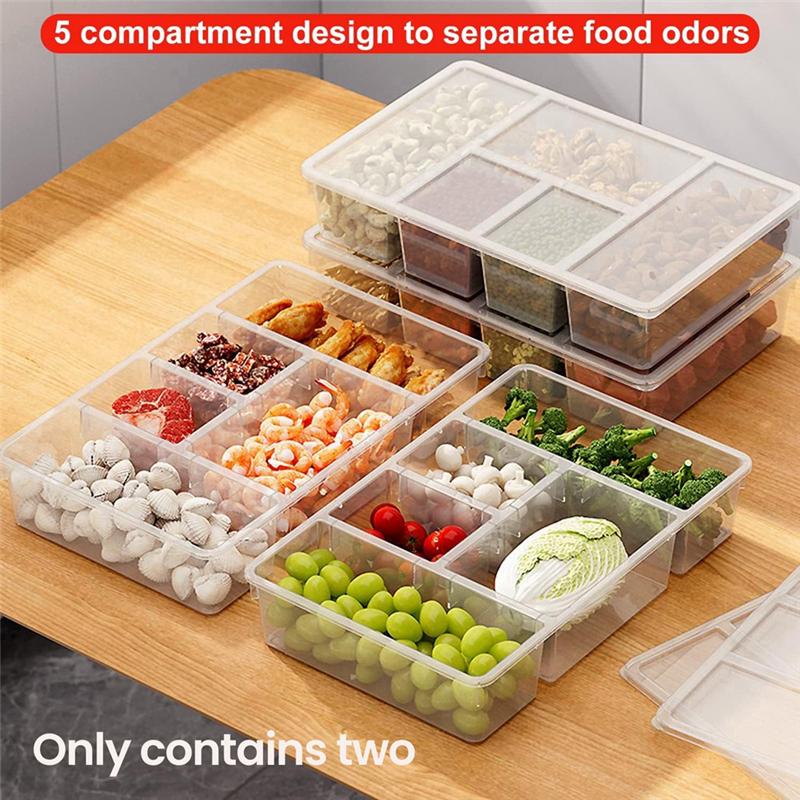 ABWR-2 Pack Divided Vegetable Trays With Lids, Compartment Refrigerator Snack Boxes, Transparent Refrigerator Storage Boxes