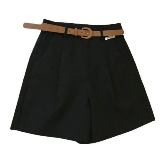 Women Summer Shorts A-line Solid Color With Belt High Waist Suit Shorts Loose Pockets Zipper Button Closure Lady Dating Commute Shorts