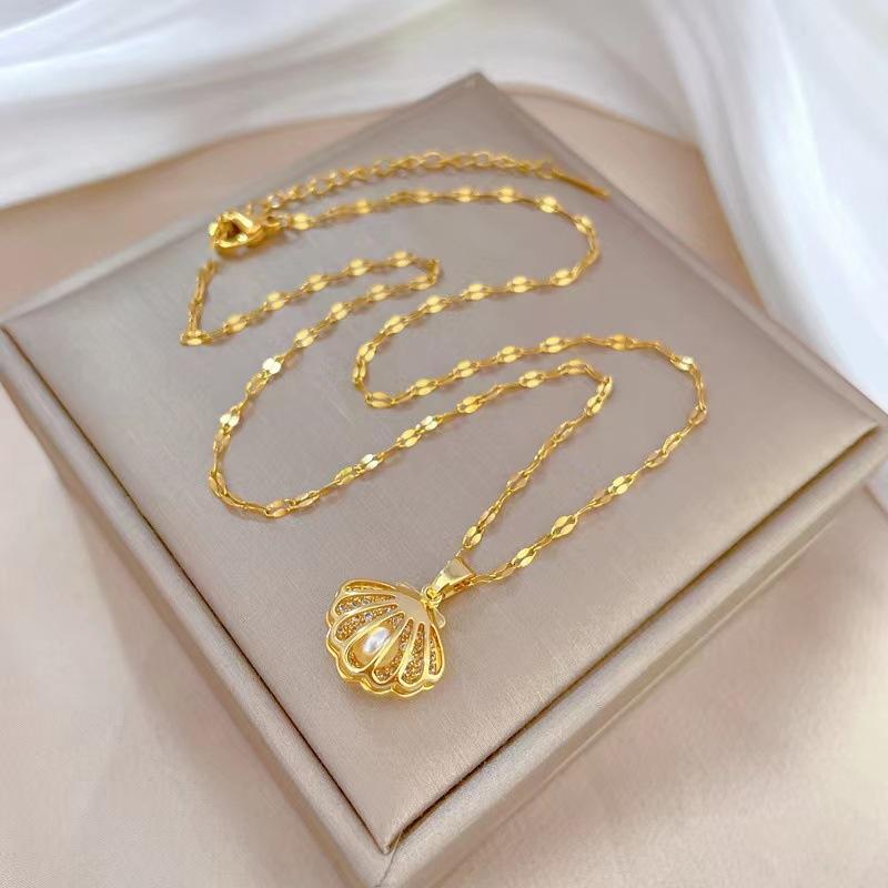 Vintage Gold Color Hollow Out Shells Pearl Pendant Necklace for Women New Trend Girls Clavicle Chain Paty Jewelry Birthday Gift