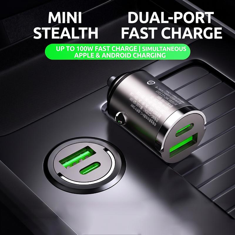 100W High Power Mini Car Charger Invisible Flush Fit Auto Adapter Dual Port Type C PD QC Fast Charging Metal Pull Ring 12/24V