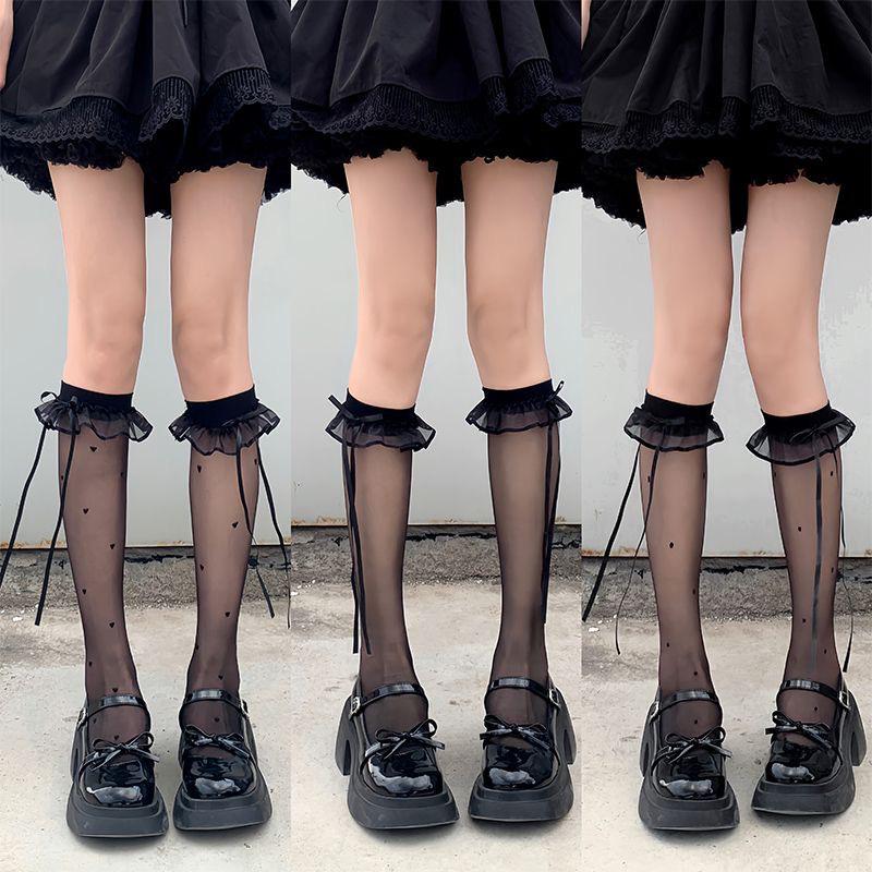 Women's Summer Lace Trim Over-the-Knee Black Stockings - Sexy Slim JK Calf Socks