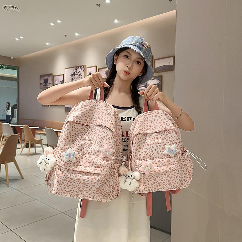 Fashion Pattern Leopard Student Backpack With Plush Pendant For Daily Use