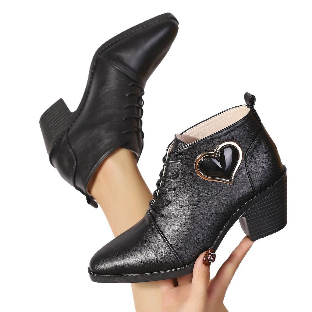 Front Lace-up Short Boots South East Asia Large Size Short Boots Women's Autumn and Winter New European and American Thick Heel High Heel