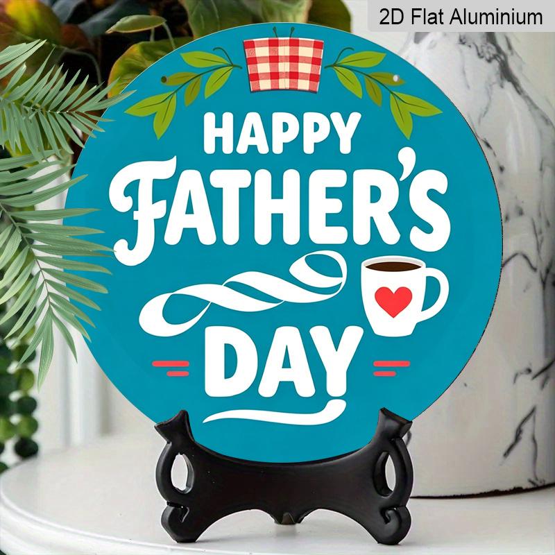 2D Flat, 1pc Round Aluminum "Happy Father's Day" Wall Decor, Retro Coffee & Plaid Pattern Metal Plaque, Waterproof & Rustproof, Perfect for Father's