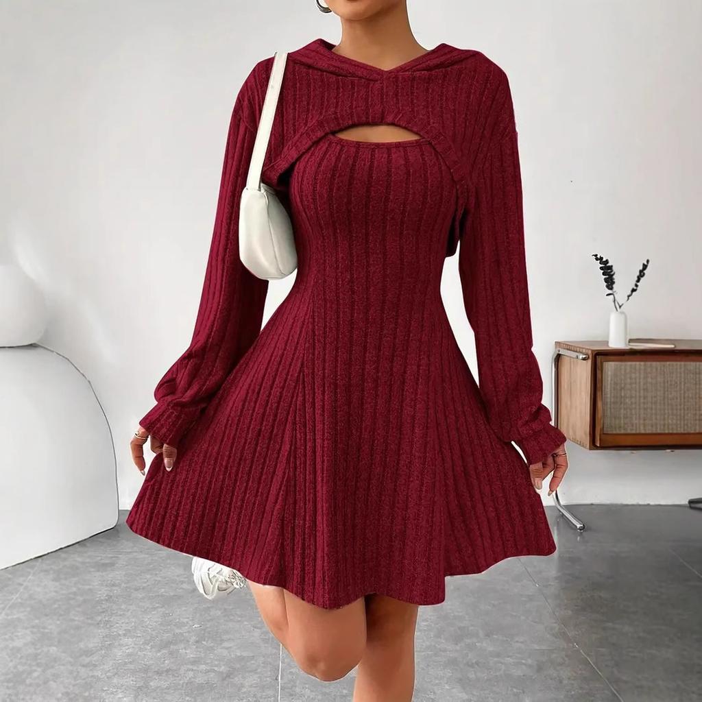 Women's Fashionable Casual Solid-color Long-sleeved Hooded Short Top + Sleeveless Dress Set