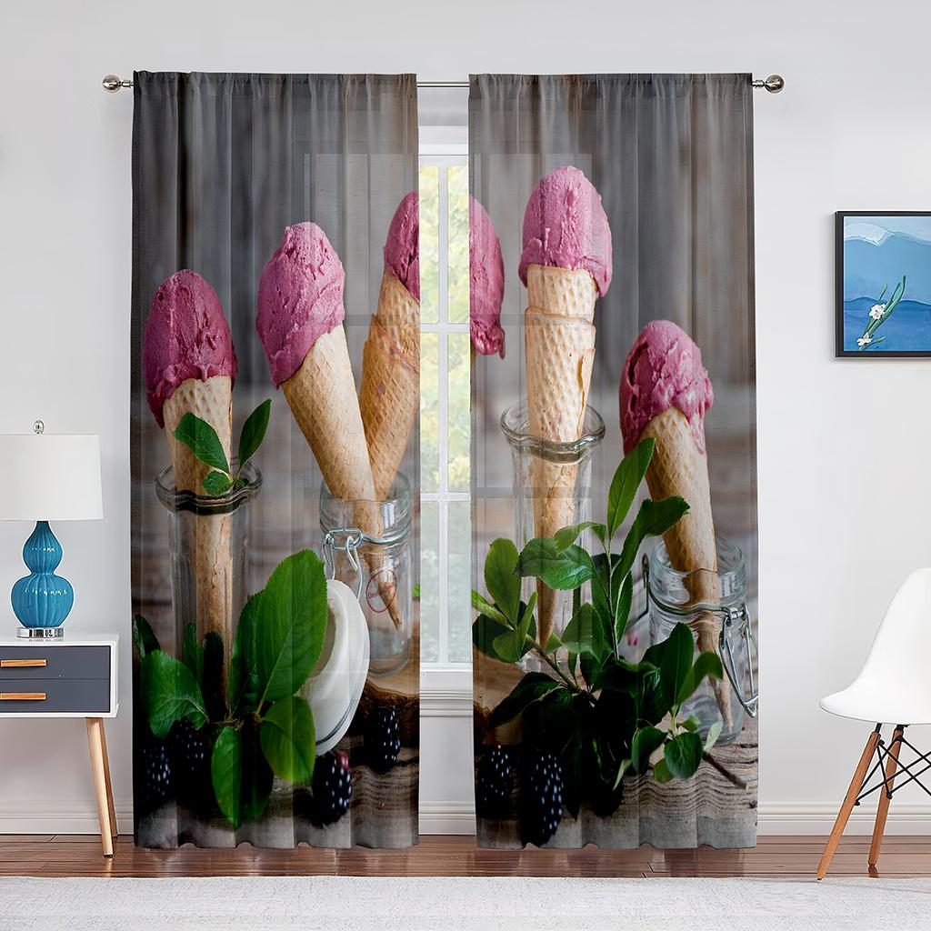 Ice Cream Sheer Voile Curtain Taste of Summer Theme Chocolate Candy Window Tulle Curtains for Living Room Bedroom Decorations