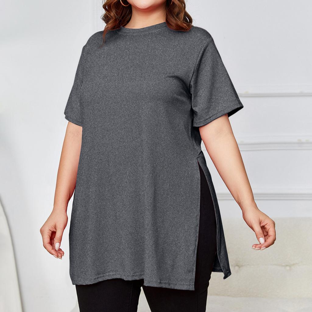 Women's Plus Size Slit Long T,shirt Round Neck Casual Loose Short Sleeved Top