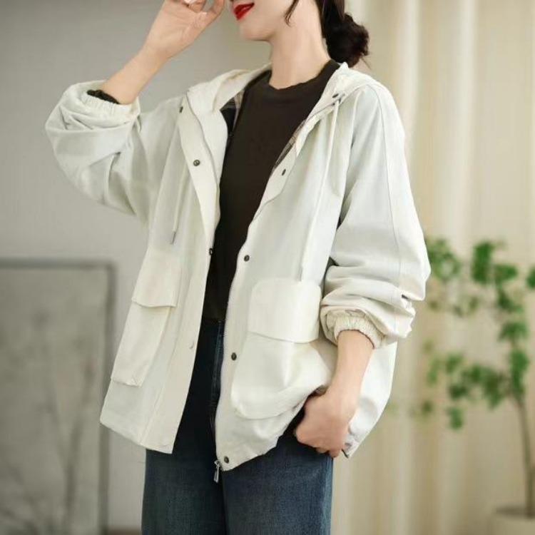 

Cotton Casual Vintage Hooded Coat Women Johnature Solid Color Loose Drawstring Autumn Retro Fashion Korean Style One Size білий