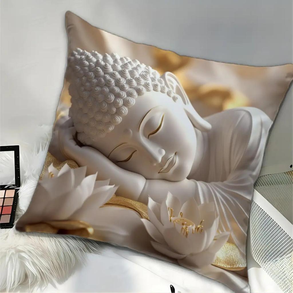 Buddha And For Lotus Print Pillowcase, Soft And Smooth-Touch Polyester Short Plush Fabric, Single-Sided Printed Pattern,