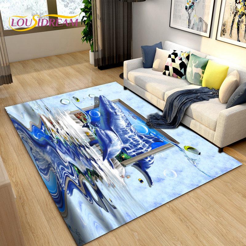3D Seabed Illusion Underwater World Dolphin Shark Area Rug,Carpet Rug for Living Room Bedroom Sofa Doormat,Non-slip Floor Mat