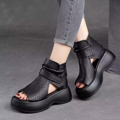 Women's Boot Sandals Open Toe Cutout Sandals High Top Faux Leather Sandals for Women Chunky Platform Casual Sandals With Black Zipper