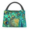 Peacock Feather Insulated Lunch Bag Aqua Floral Thermal Tote Portable Food Box for Women Kids Picnic Office School Travel