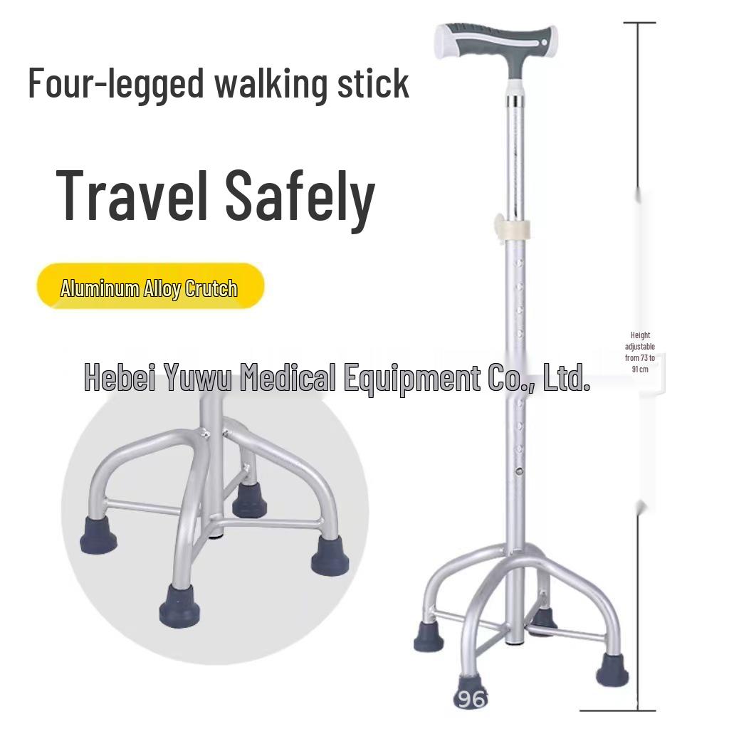 Adjustable Height Lightweight Aluminum Quad Cane with Non-Slip Base for Elderly