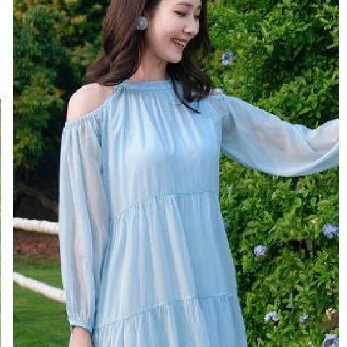 Seaside Vacation Dress Women's Summer New Sweet Gentle Wind French Temperament Beautiful Off-the-shoulder Beach Dress
