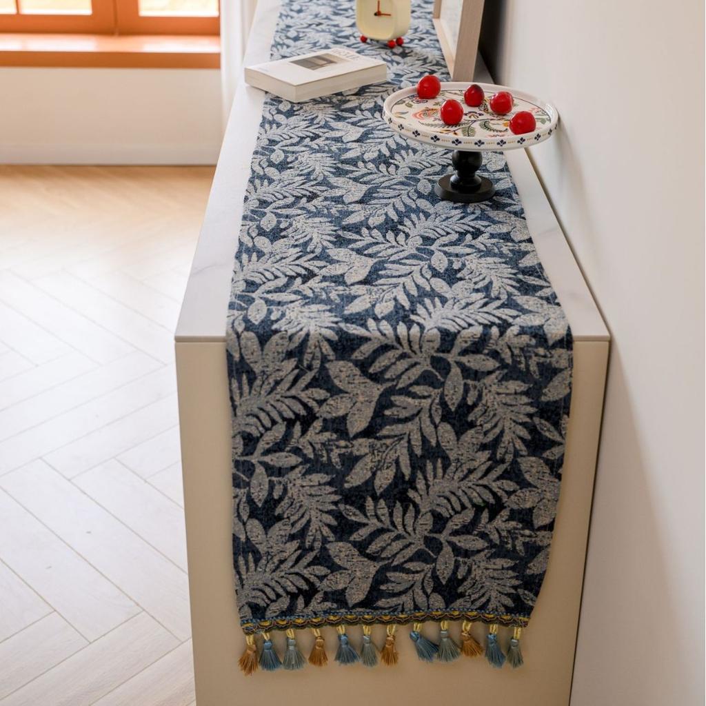 Jacquard Water Grass Blue Fringe Tassels Table Runner, Fabric Plants Kitchen Dining Table Decoration for Home Party Festival