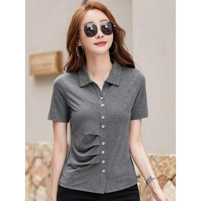 Summer New Casual Fashion Turn-Down Collar Short Sleeve Pleated Polo Shirt Top Age-Reducing Stretch Slimming Women's T-Shirt