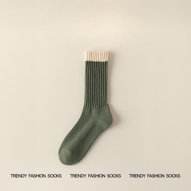 Men's Autumn and Winter Fleece and Thickened Mid-calf Socks, Color-blocked High-elastic High-calf Looped Long Socks, Trendy and Versatile Socks