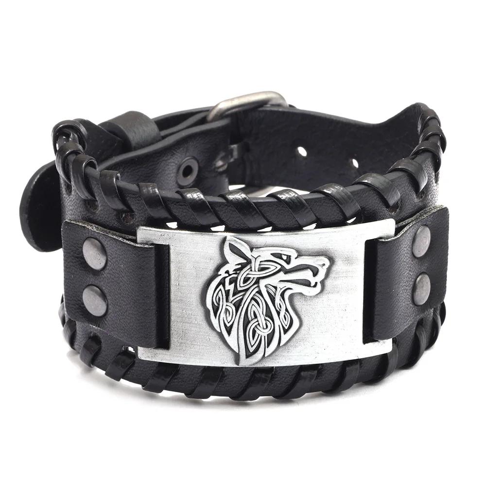 Punk Men Wide Bangle Accessory Wolf Head Charm Bracelet Leather Weave Adjustable Wristband Friendship Jewelry
