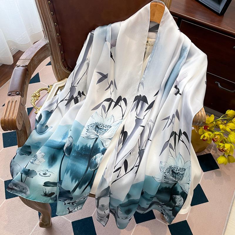 Luxury Brand 100% Real Silk Scarf Women Designer Shawls and Wraps Elegant Floral Print Pashmina Soft Long Scarves Femme Hijab