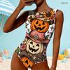 Women Plus Size One Piece Swimsuit High Round Neck Sleeveless Sloth Moon Printed