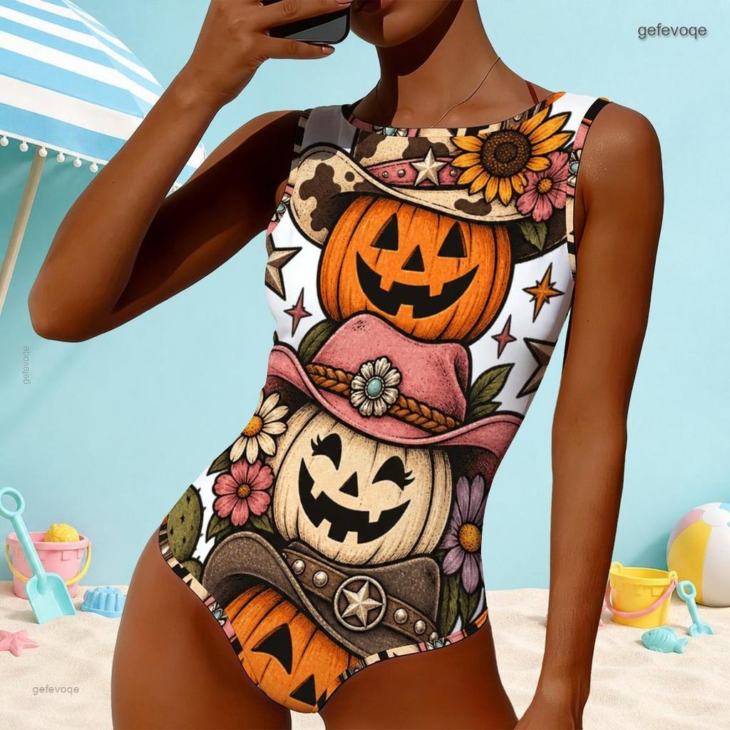 Women Plus Size One Piece Swimsuit High Round Neck Sleeveless Sloth Moon Printed