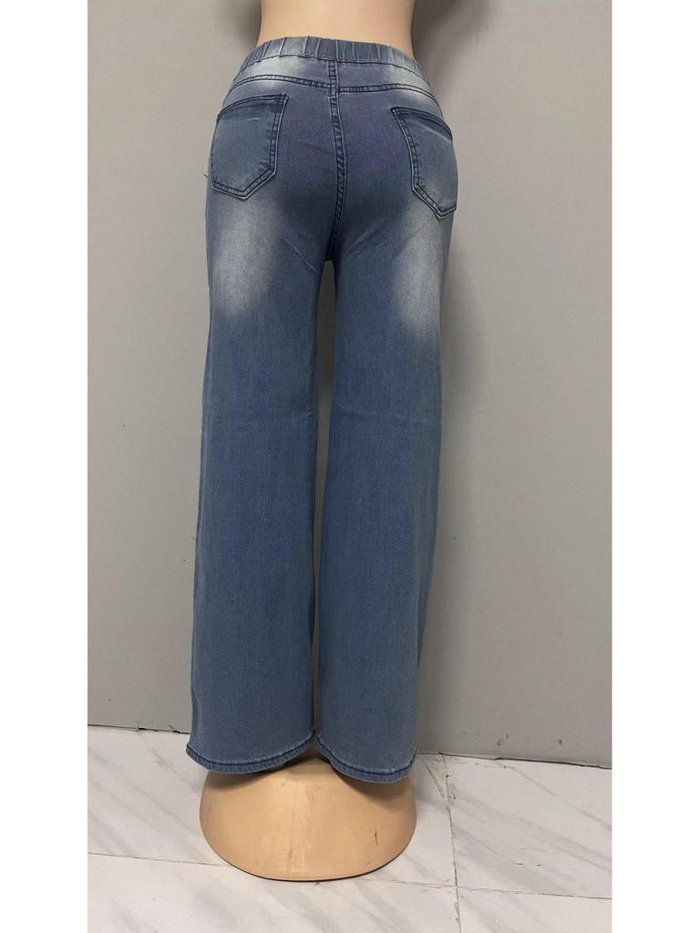 High Waist Light Blue Women's Wide Leg Drawstring Denim Jeans