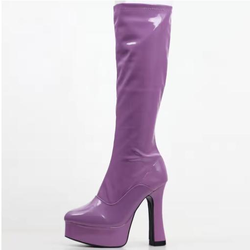 Fashion FHC Women Retro GoGo Knee High Boots,Unisex Stage Cosplay Shoes,Man Fetish Botas,12cm Chunky Heel,Side Zip,Black,Red,Pink,White