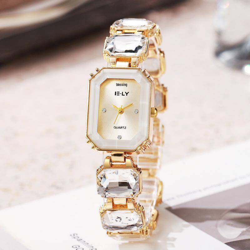 Chic Women's Colorful Gemstone Steel Band Square Watch