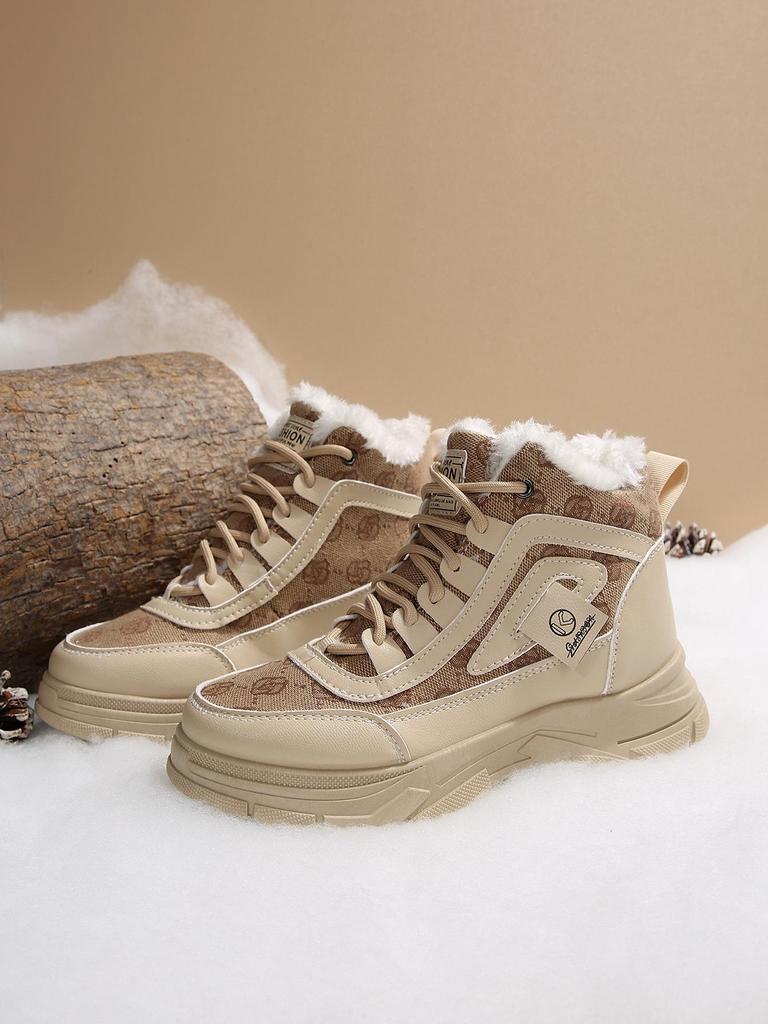 Damskie śniegowce do połowy łydki, podszyte polarem, skórzane, kolekcja Jesień/Zima 2025: Sportowe buty bawełniane z blokami kolorów, na grubej podeszwie, sznurowane