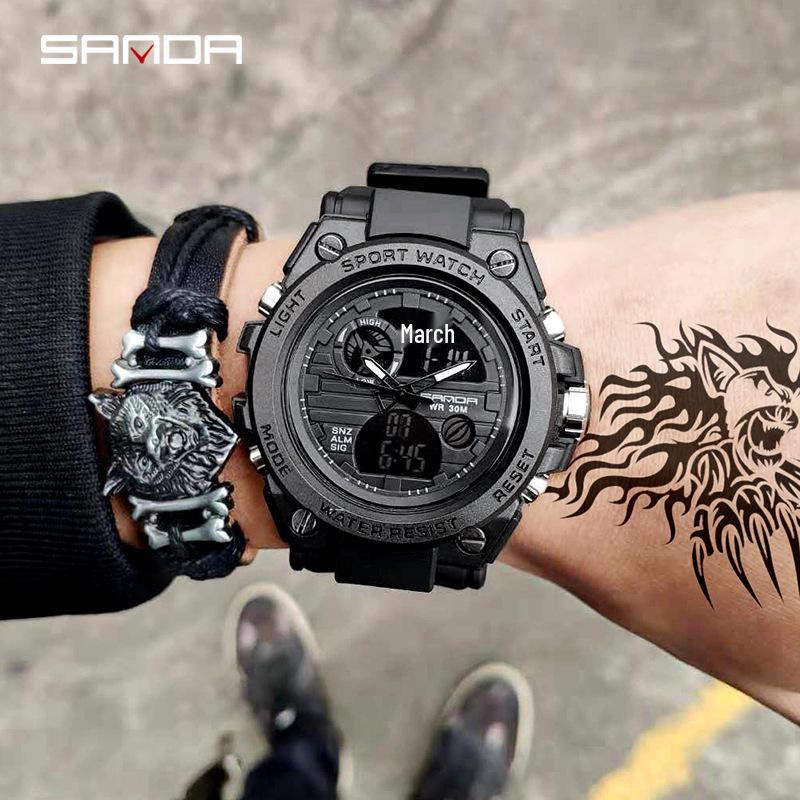 Sanda Men's Multifunctional Dual Display Luminous Waterproof Sports Watch for Teens