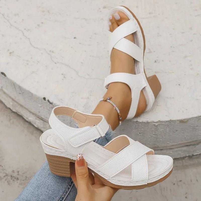 Fashion Summer White Thick High Heels Sandals Women Fashion Hook Loop Platform Sandles Woman Plus Size Cross Band Beach Sandalias Mujer