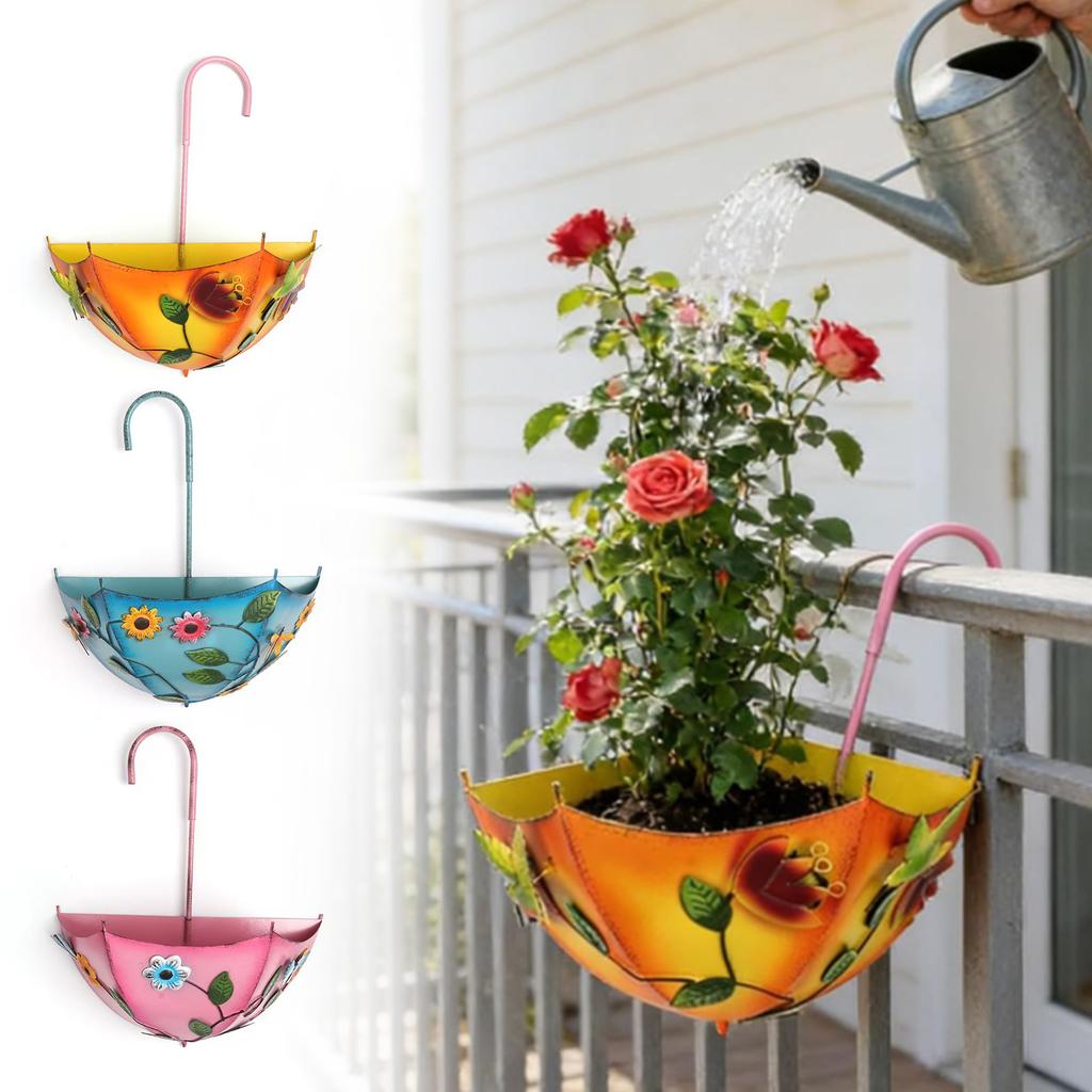 Metal Farmhouse Umbrella Shaped Wall Hanging Planter No-Drill Rustic Distressed Plant Pot with Drainage Holes for Outdoor Plants