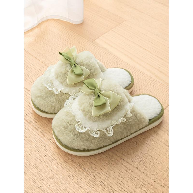 Bow cotton slippers women's winter new couple cute home plush warm fluffy slippers